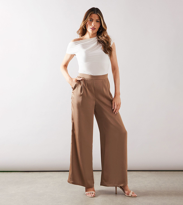 Satin Pleated Detail Wide Leg Trousers