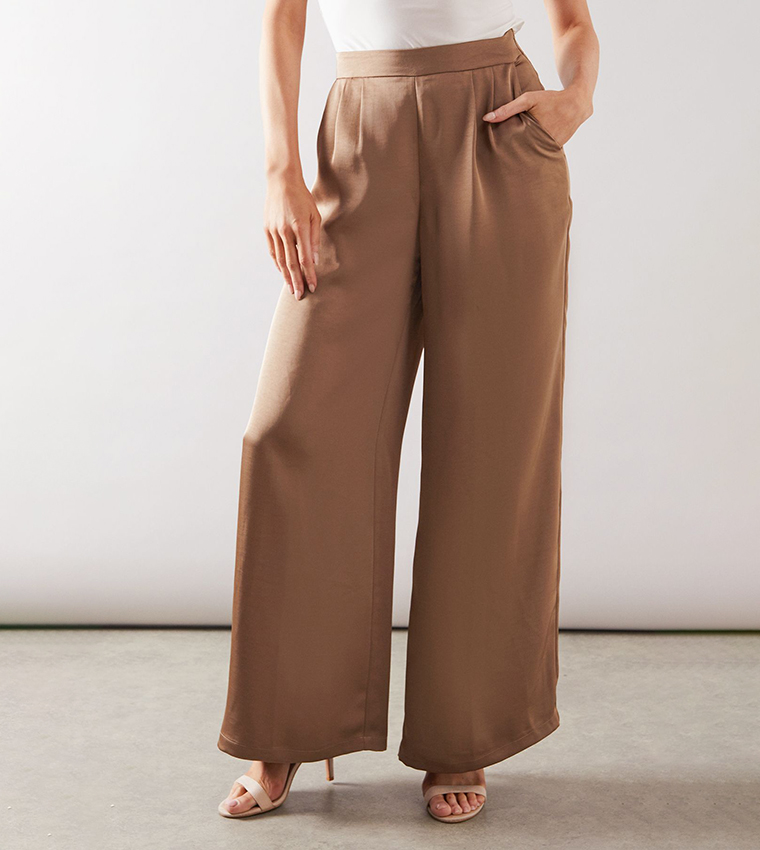 Satin Pleated Detail Wide Leg Trousers