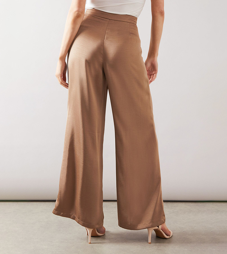 Satin Pleated Detail Wide Leg Trousers