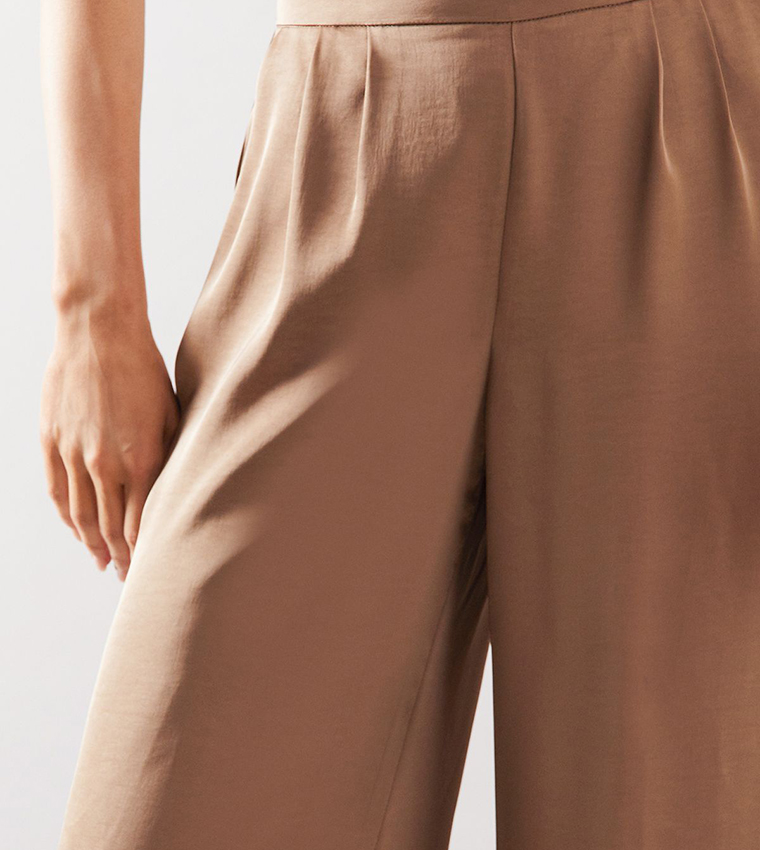 Satin Pleated Detail Wide Leg Trousers