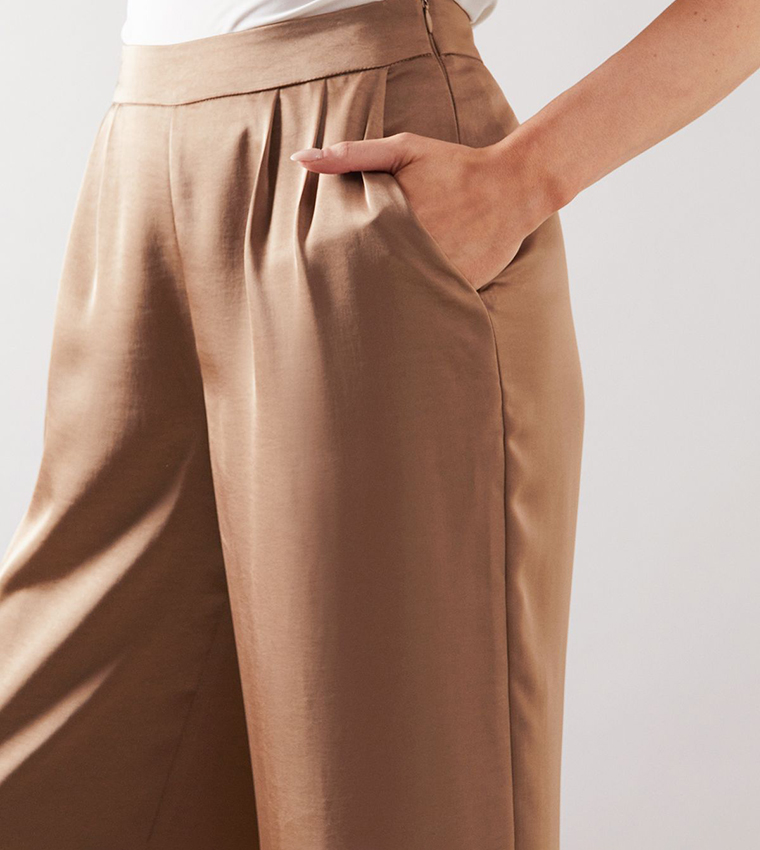 Satin Pleated Detail Wide Leg Trousers