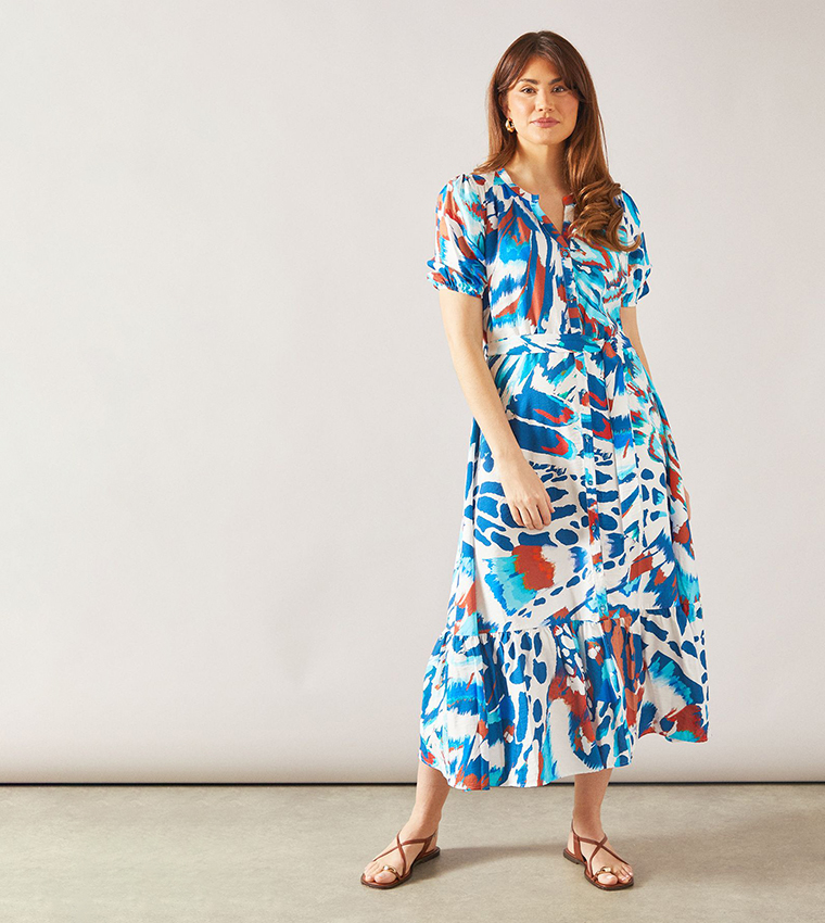 Abstract Collarless Belted Shirt Dress