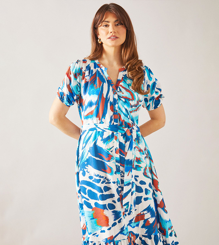 Abstract Collarless Belted Shirt Dress