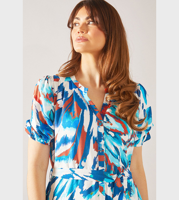 Abstract Collarless Belted Shirt Dress