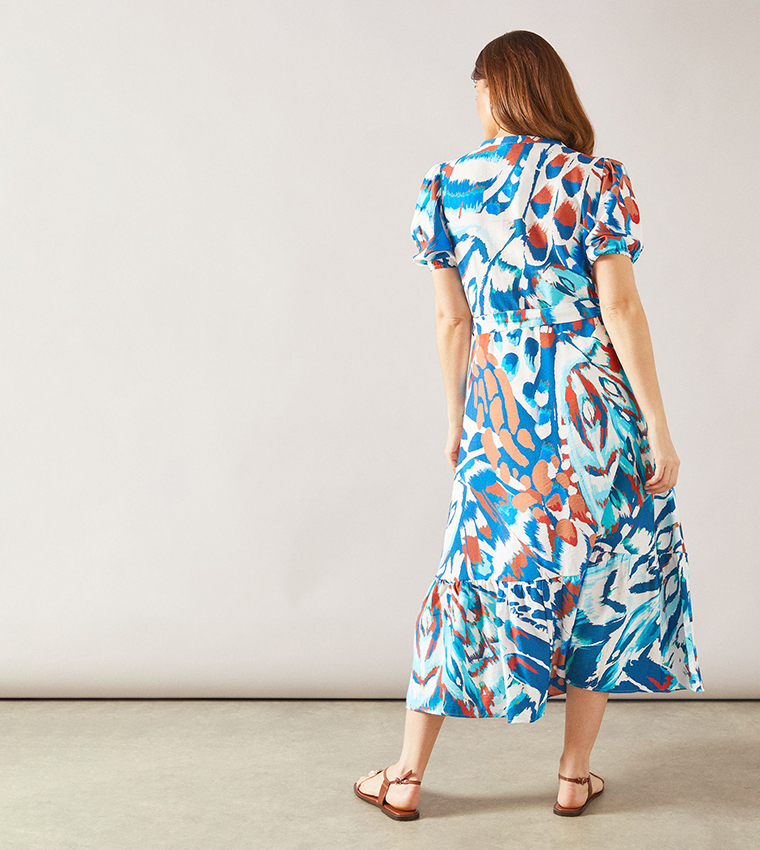 Abstract Collarless Belted Shirt Dress