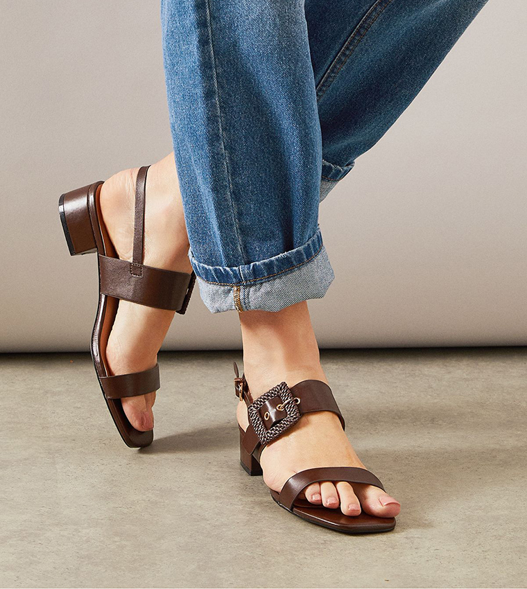 Raelynn Faux Leather Raffia Buckle Block Heel Slingback Sandals