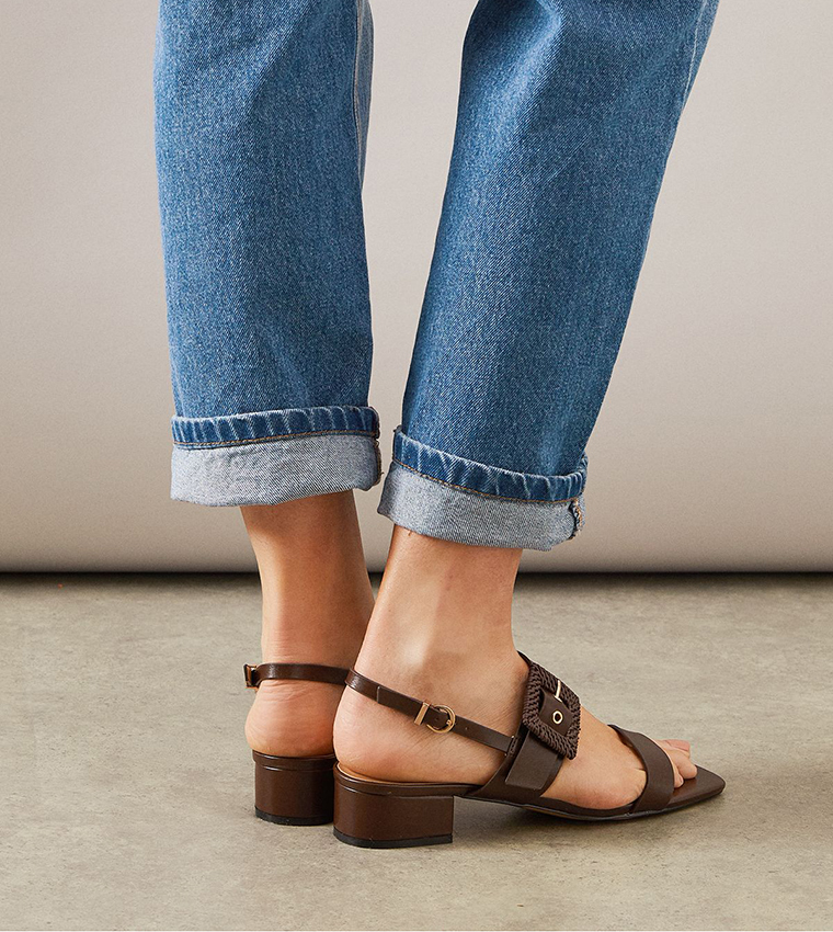 Raelynn Faux Leather Raffia Buckle Block Heel Slingback Sandals
