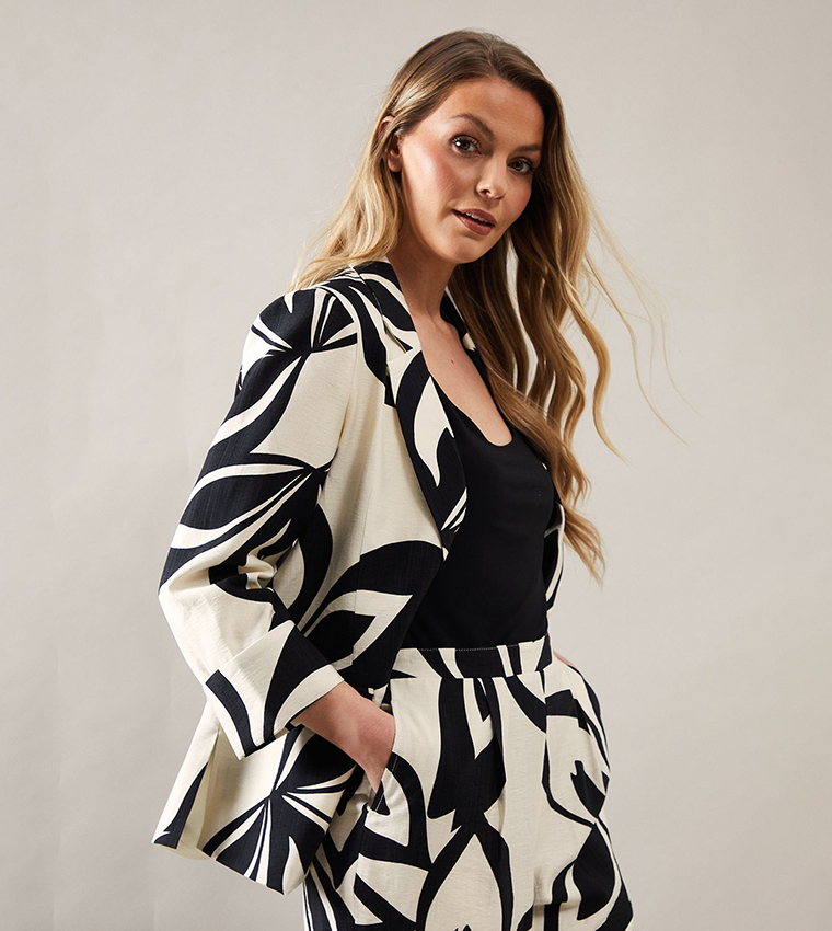 Printed Linen Single Breasted Blazer