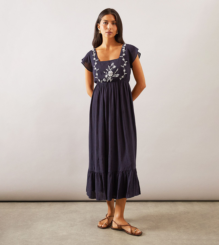 Embroidered Frill Sleeves Square Neck Midi Dress