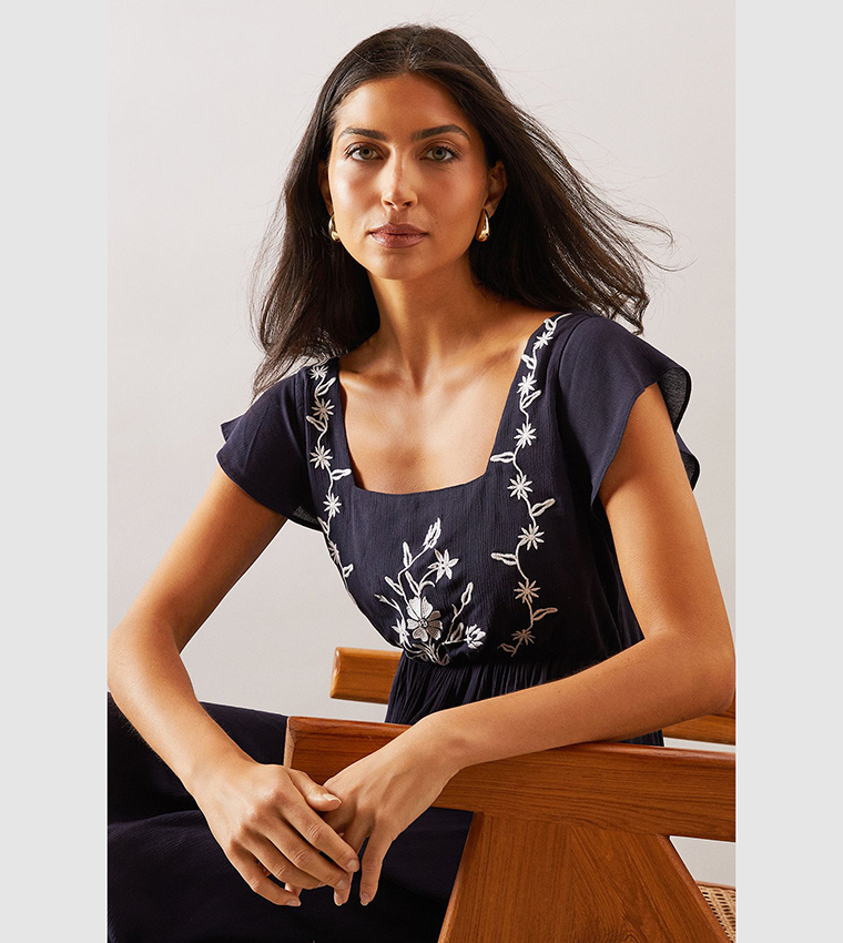 Embroidered Frill Sleeves Square Neck Midi Dress