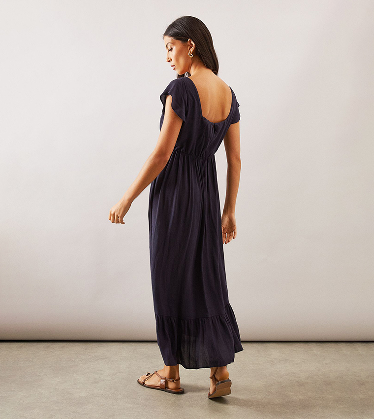 Embroidered Frill Sleeves Square Neck Midi Dress
