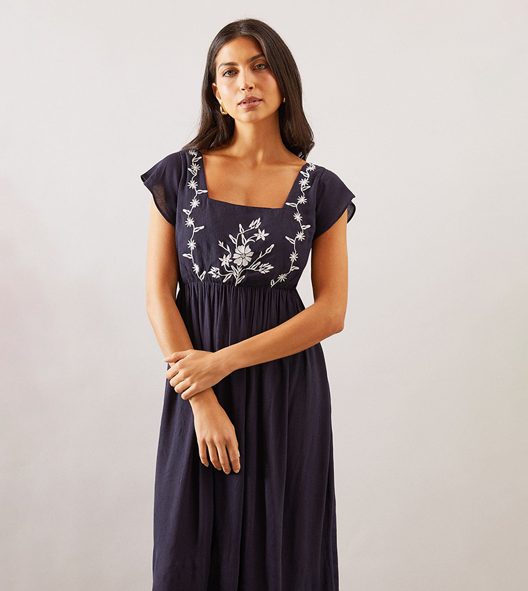 Embroidered Frill Sleeves Square Neck Midi Dress
