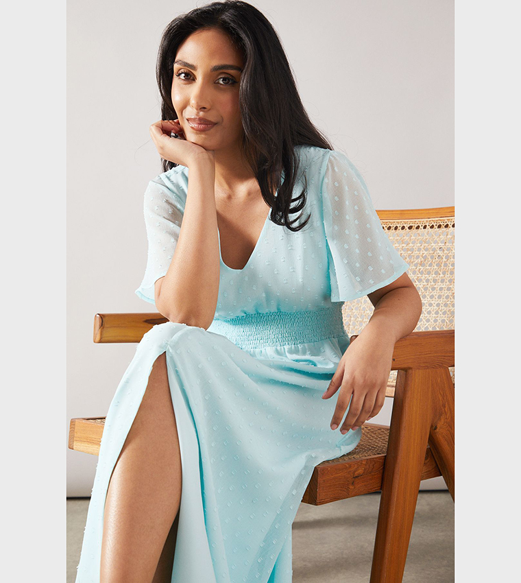 Petite Dobby Shirred Waist Midi Dress
