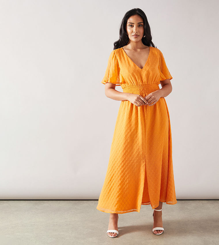 Petite Dobby Shirred Waist Midi Dress