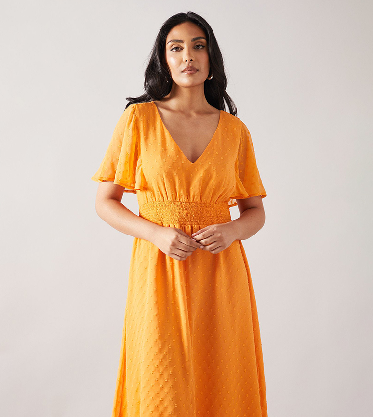 Petite Dobby Shirred Waist Midi Dress