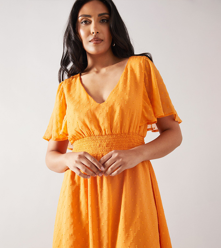 Petite Dobby Shirred Waist Midi Dress