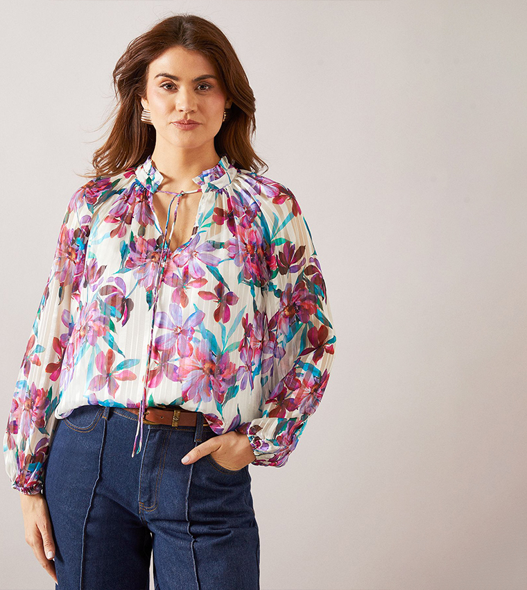 Printed Burn Out Tie Neck Top