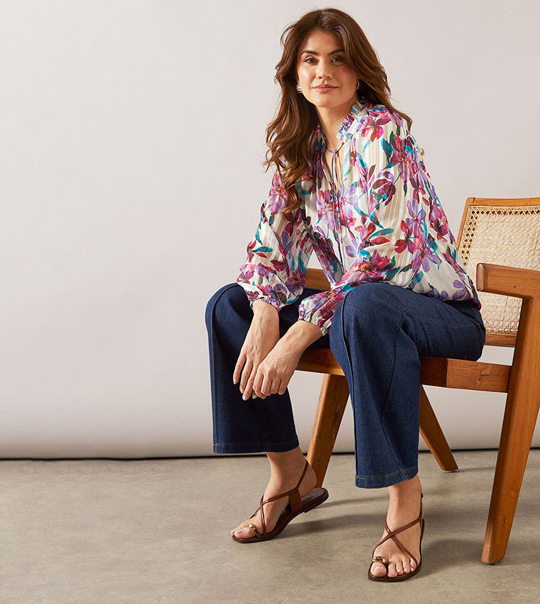 Printed Burn Out Tie Neck Top