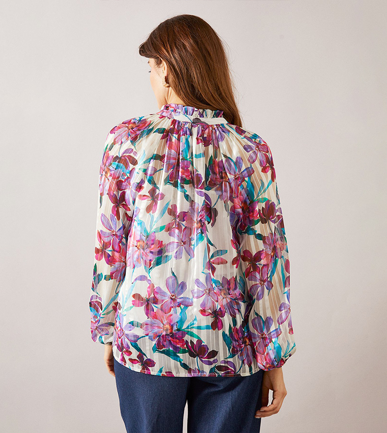 Printed Burn Out Tie Neck Top
