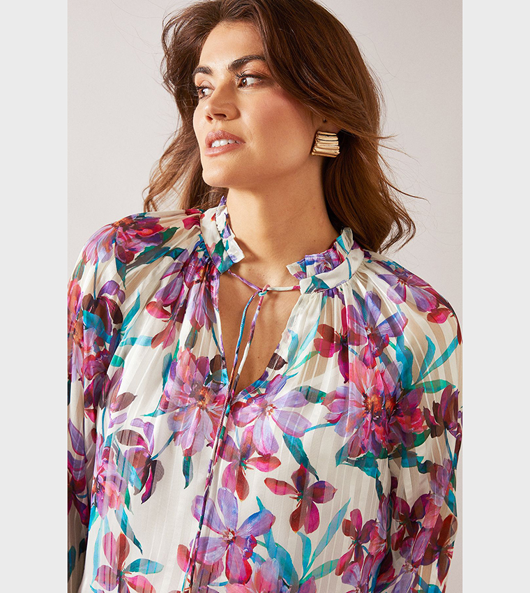 Printed Burn Out Tie Neck Top