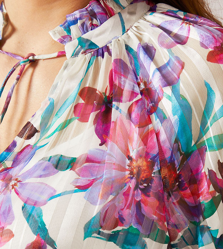 Printed Burn Out Tie Neck Top
