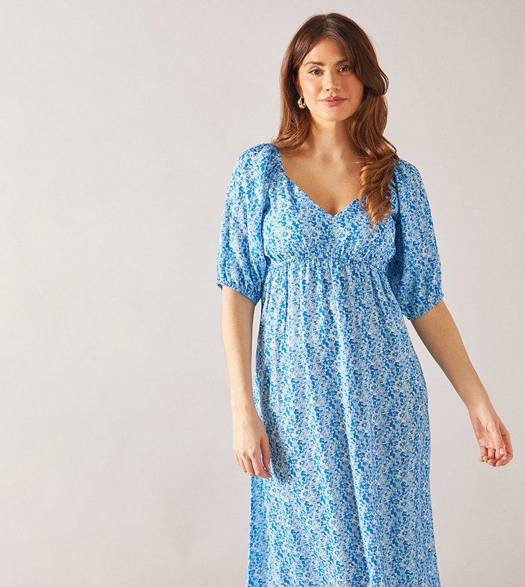 Floral Puff Sleeves Midi Dress