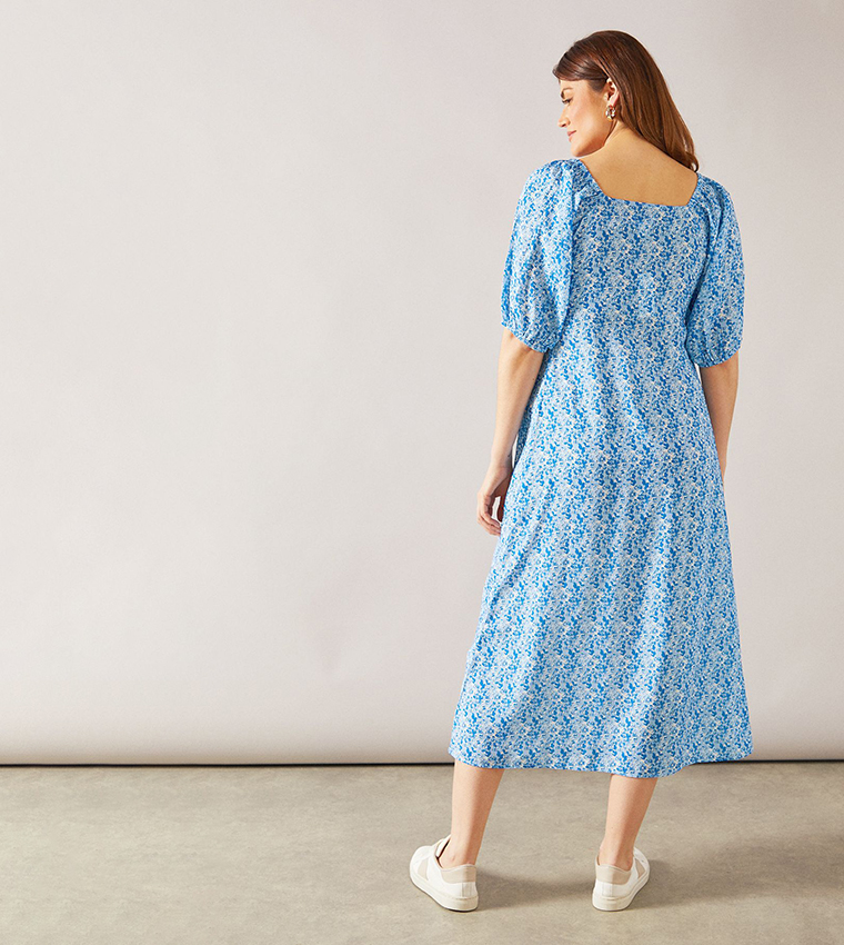 Floral Puff Sleeves Midi Dress