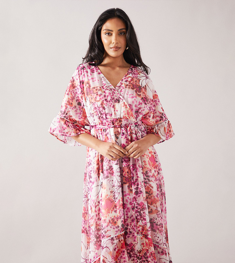 Petite Floral Print Drop Hem Frill Midi Dress
