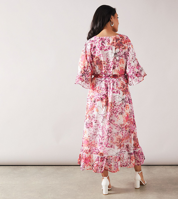Petite Floral Print Drop Hem Frill Midi Dress