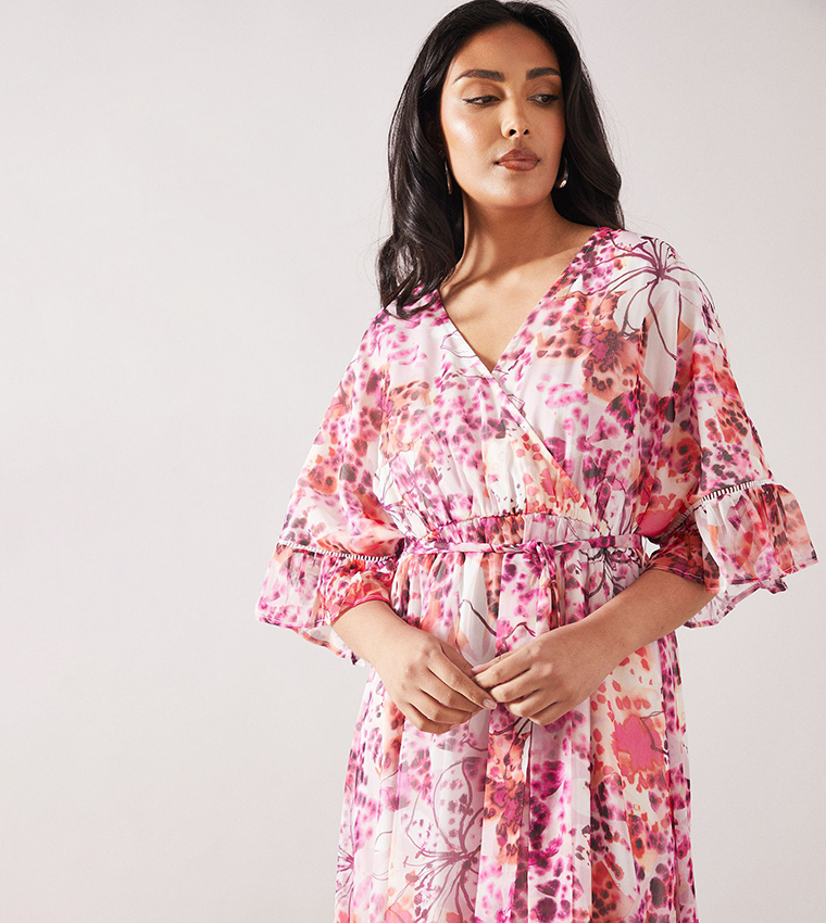 Petite Floral Print Drop Hem Frill Midi Dress