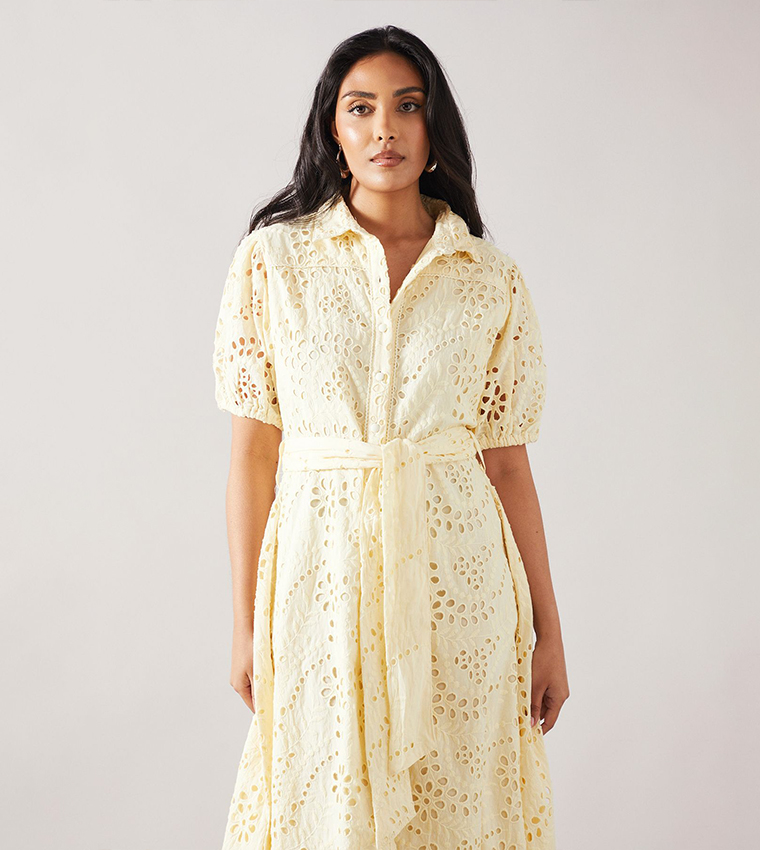 Petite Broderie Tie Waist Shirt Dress