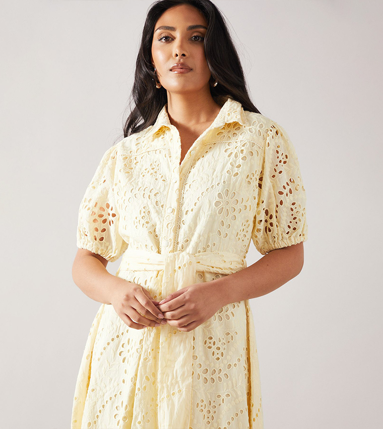 Petite Broderie Tie Waist Shirt Dress