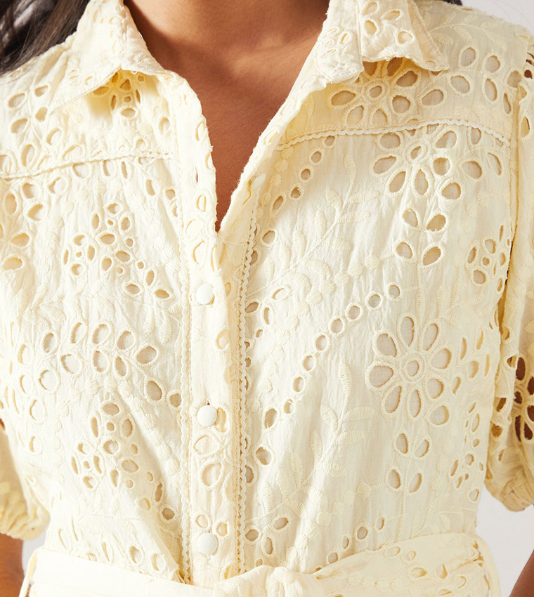 Petite Broderie Tie Waist Shirt Dress