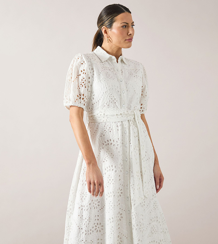 Broderie Tie Waist Shirt Dress