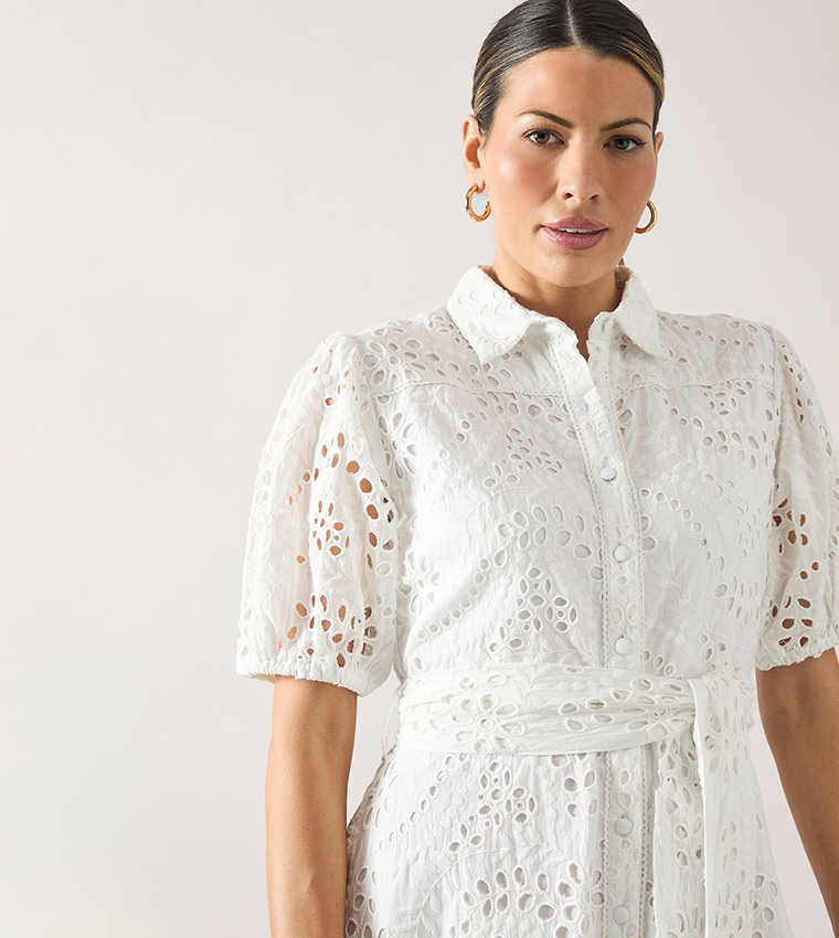 Broderie Tie Waist Shirt Dress