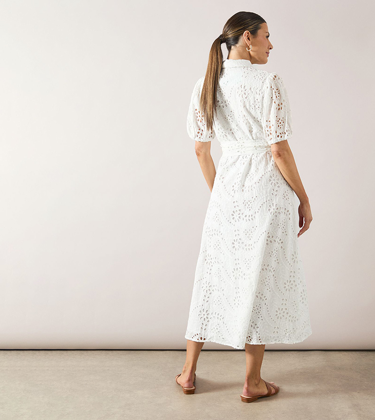 Broderie Tie Waist Shirt Dress