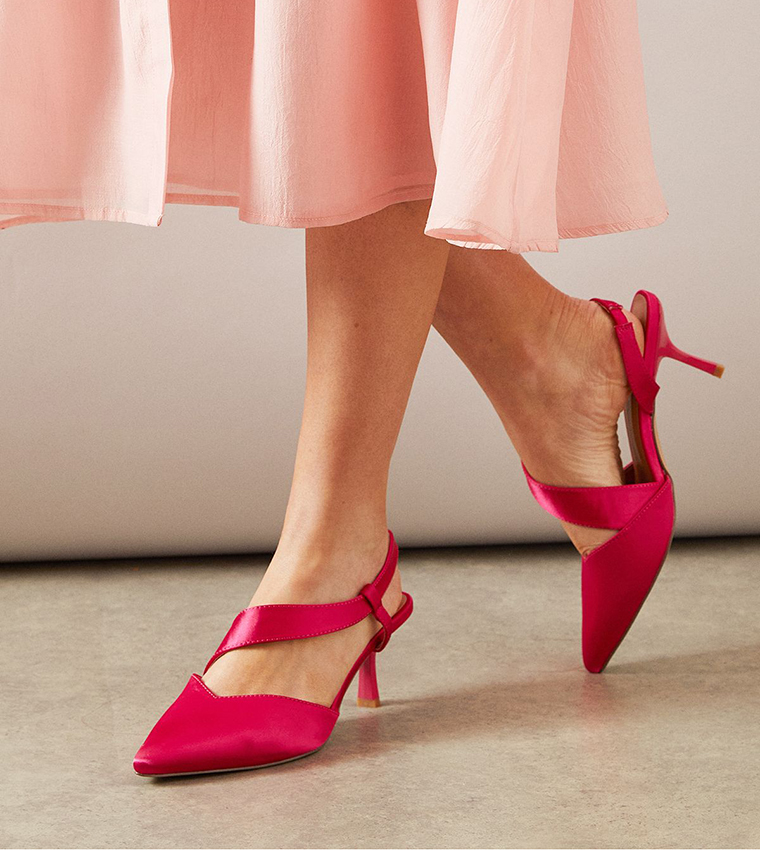 Evelyn Satin Asymmetric Slingback Kitten Heel Pumps