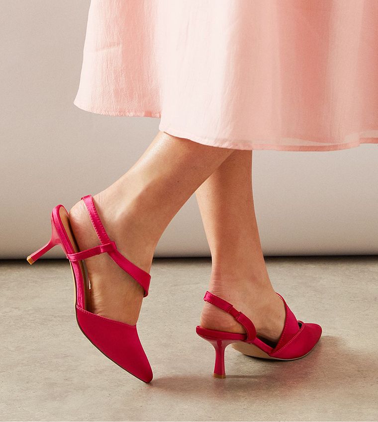 Evelyn Satin Asymmetric Slingback Kitten Heel Pumps