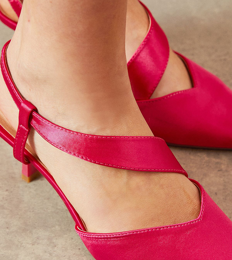 Evelyn Satin Asymmetric Slingback Kitten Heel Pumps