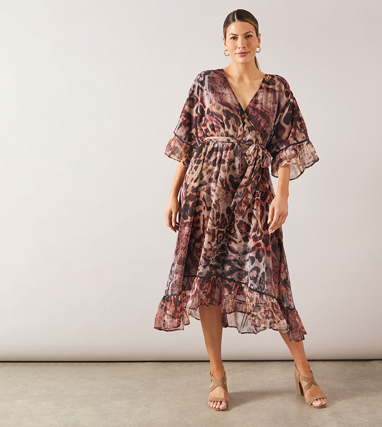Leopard Print Drop Hem Frill Midi Dress