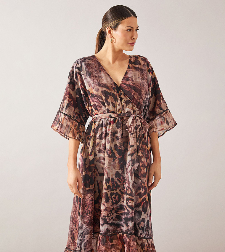 Leopard Print Drop Hem Frill Midi Dress