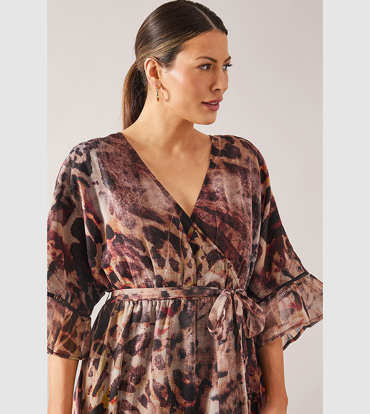 Leopard Print Drop Hem Frill Midi Dress