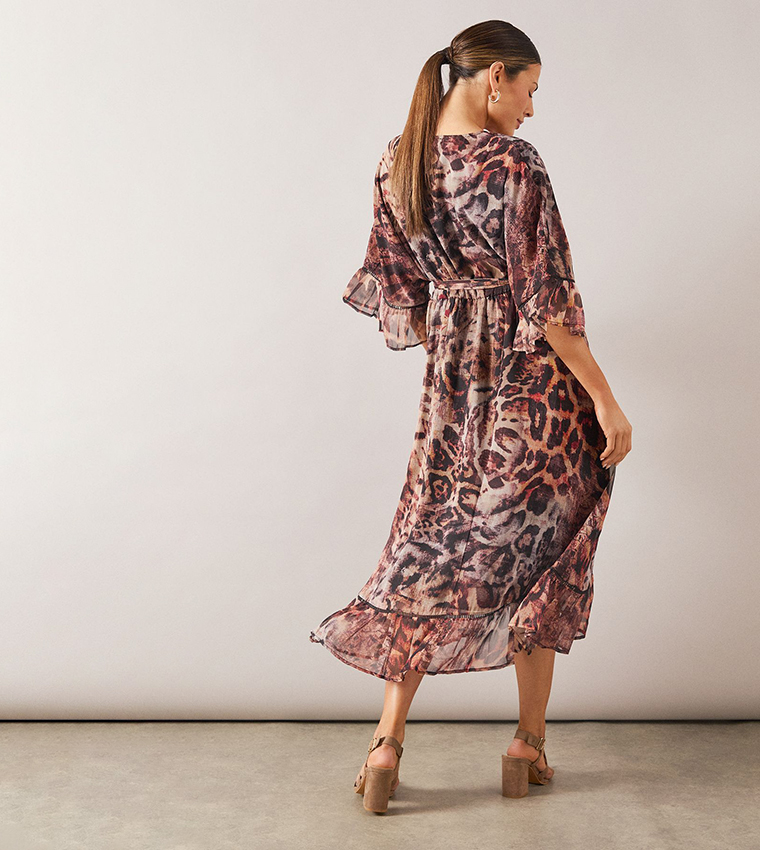 Leopard Print Drop Hem Frill Midi Dress