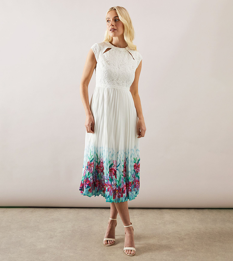 Petite Placement Print Lace Bodice Pleated Midi Dress