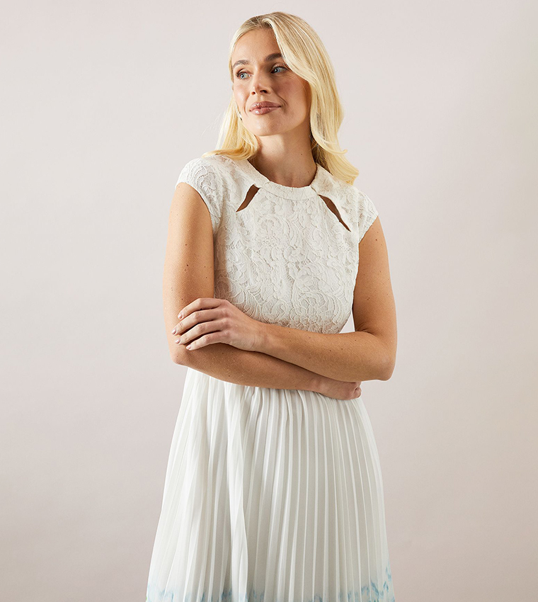Petite Placement Print Lace Bodice Pleated Midi Dress