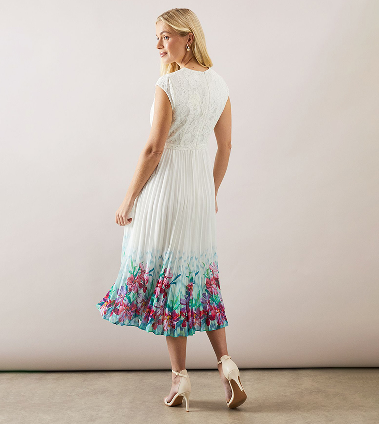 Petite Placement Print Lace Bodice Pleated Midi Dress