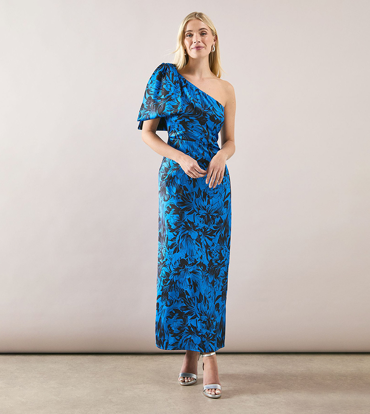 Printed Bow One Shoulder Maxi Dress