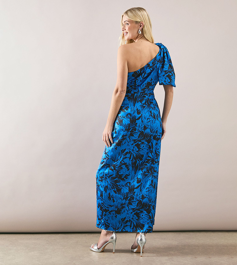 Printed Bow One Shoulder Maxi Dress