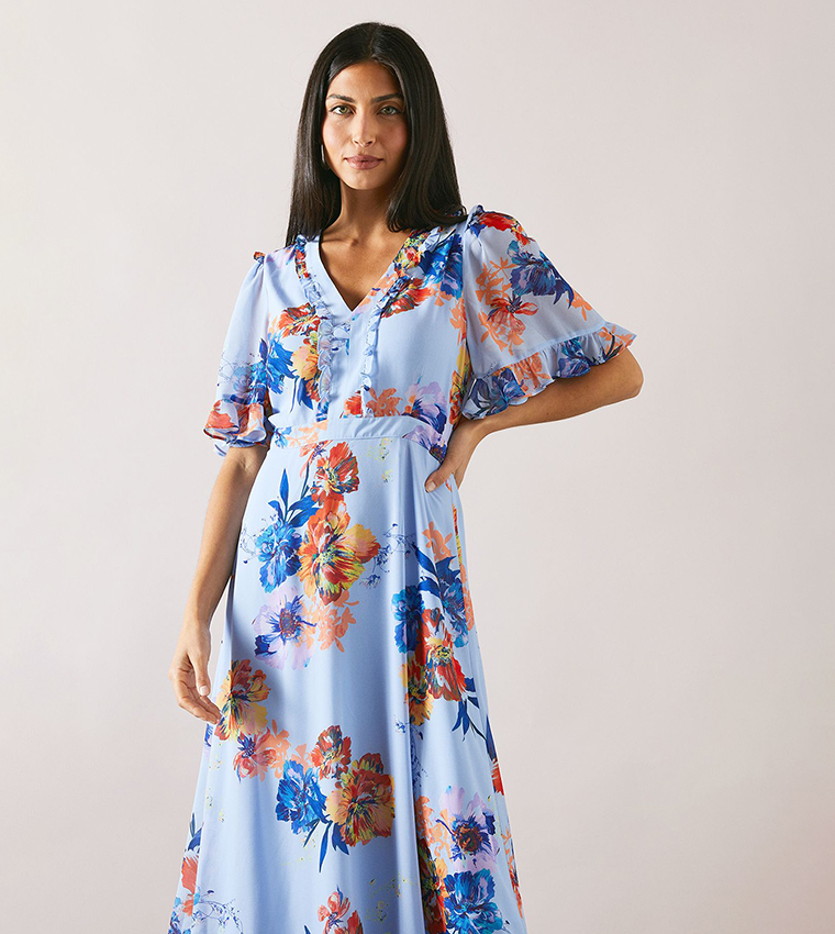 Printed Floral Print Ruffle Midaxi Dress
