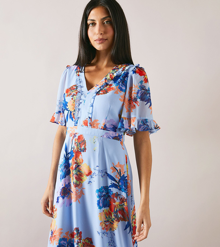 Printed Floral Print Ruffle Midaxi Dress